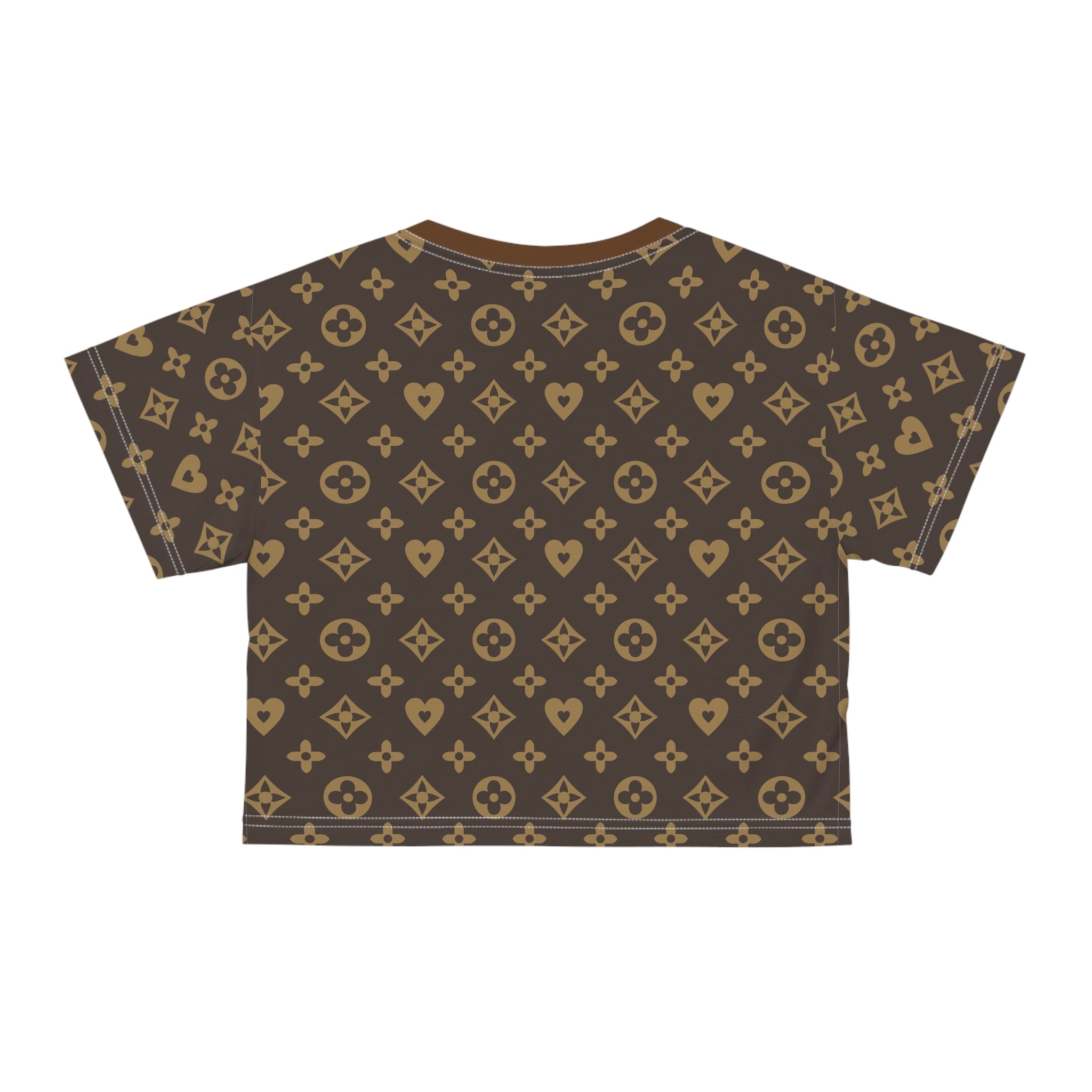 Brown Monogram Crop Tee — Luxury Pattern All-Over Print Top