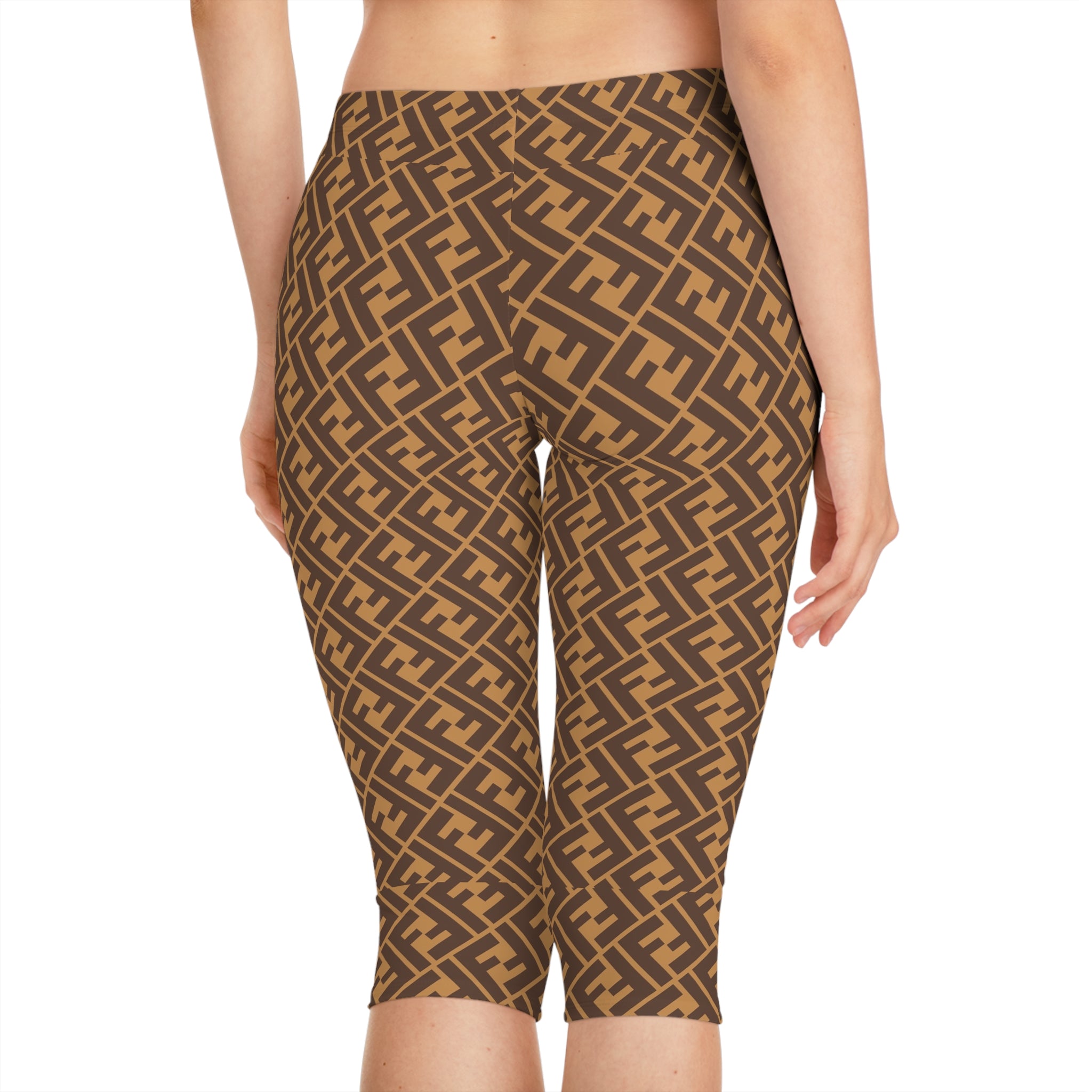 Geometric Monogram Capri Leggings — Brown Allover Print