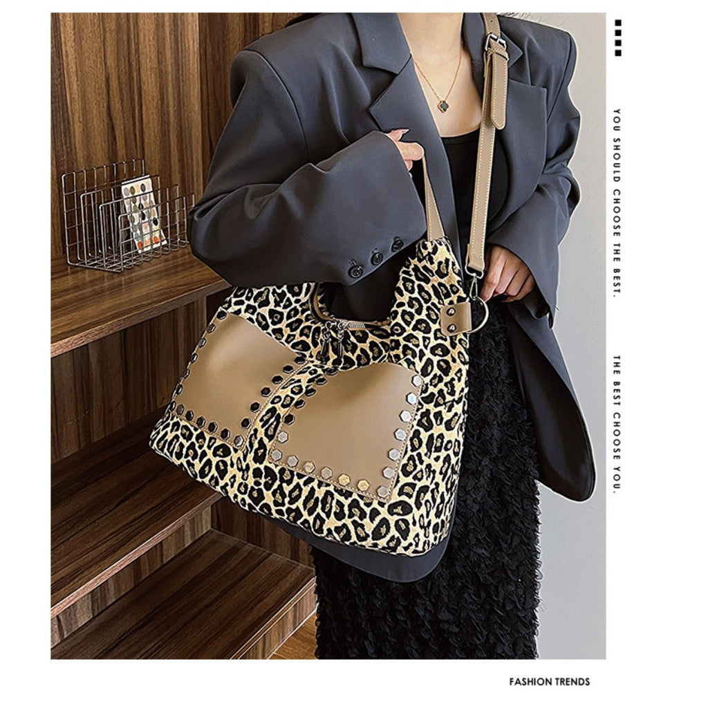 Ladies leopard print large capacity tote bag, vintage hobo bag casual, shoulder bag with crossbody strap, bag underarm bag women