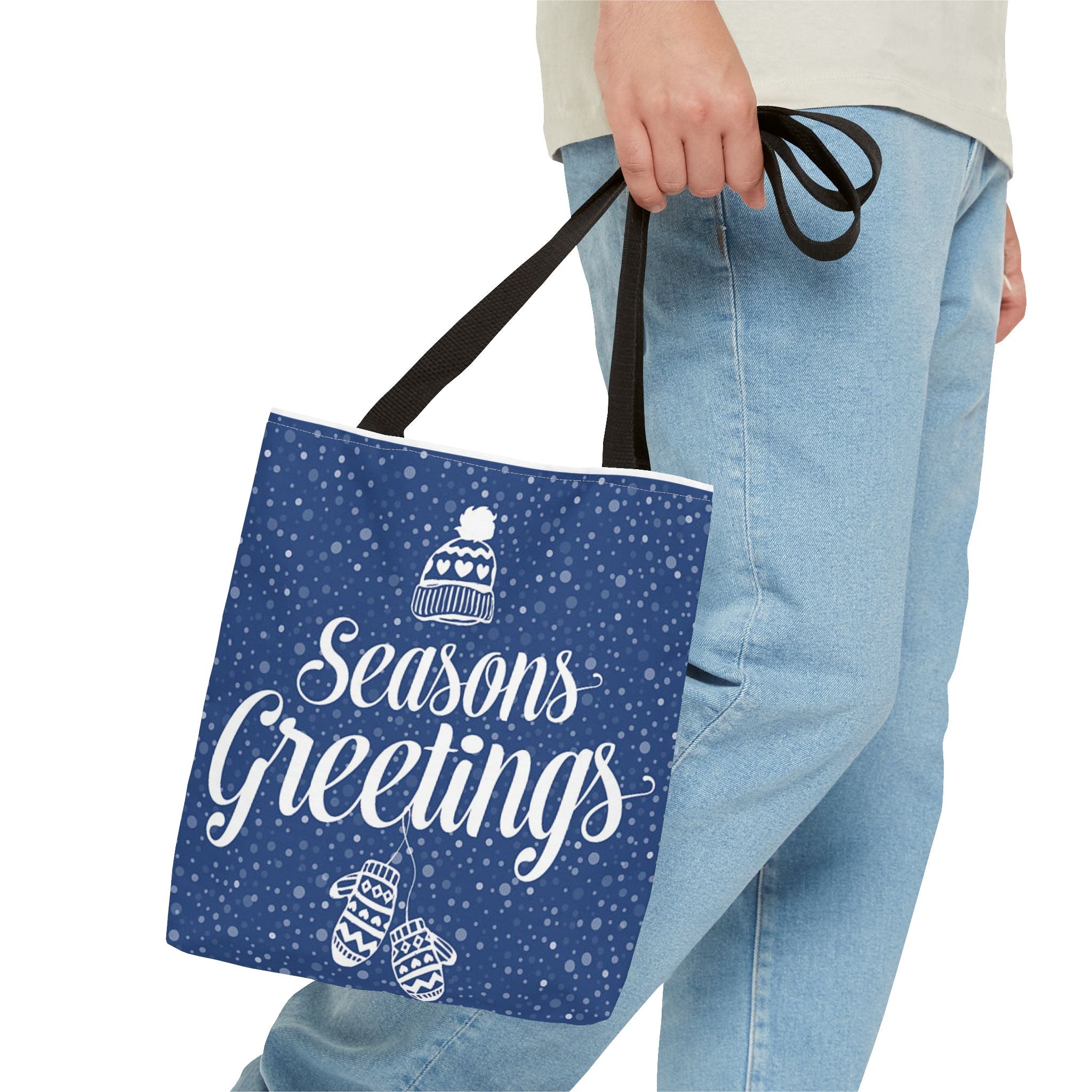 Seasons Greetings Holiday Tote Bag – Winter Beanie & Mittens Snowflake Design