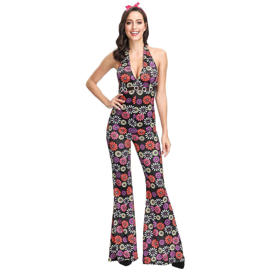 70s Disco Onesie Costume - Vintage Hippie Flower Power Jumpsuit for Couple Show & Theme Parties