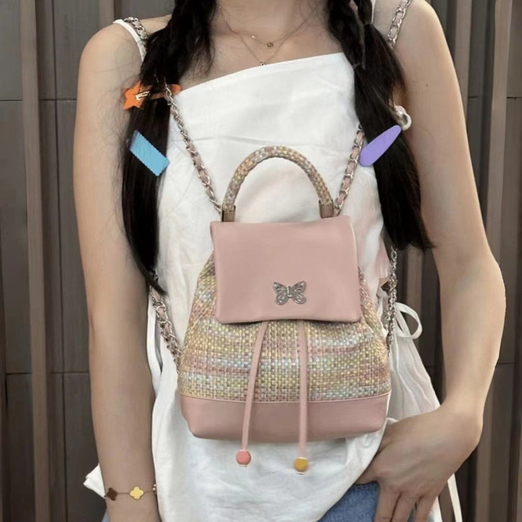 Sweet girl design woven leather small backpack purse, chain backpack, dopamine sweet cool versatile small backpack for women