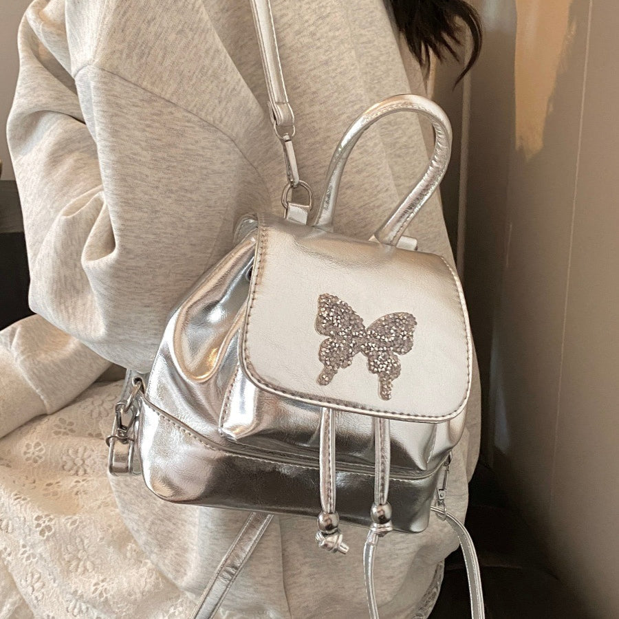 Small silver backpack, bag women's fashion versatile travel mini backpack, student bag, small women backpack purse