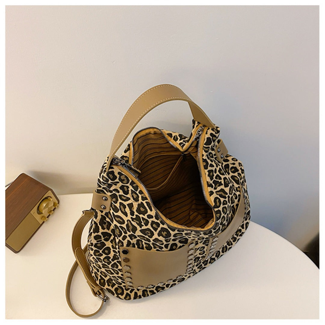Ladies leopard print large capacity tote bag, vintage hobo bag casual, shoulder bag with crossbody strap, bag underarm bag women