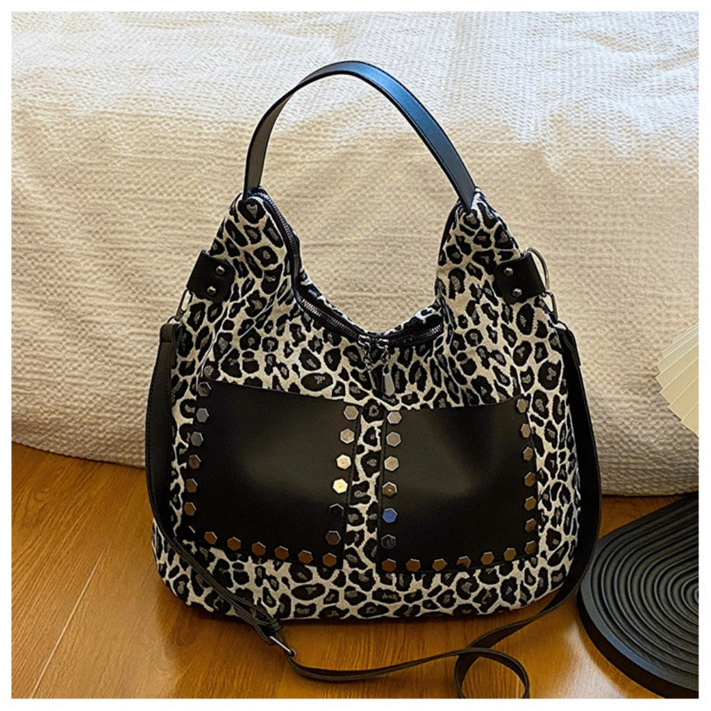 Ladies leopard print large capacity tote bag, vintage hobo bag casual, shoulder bag with crossbody strap, bag underarm bag women