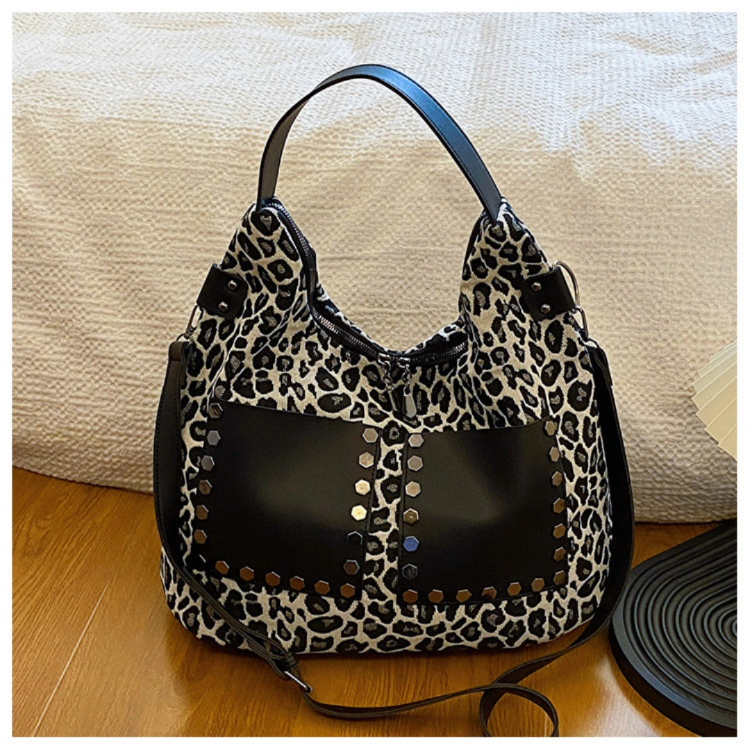 Ladies leopard print large capacity tote bag, vintage hobo bag casual, shoulder bag with crossbody strap, bag underarm bag women