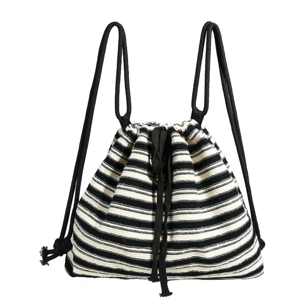 Striped commuter large capacity pumping belt women backpack purse, shoulder versatile fashion women knitted purse backpack, black and white striped backpack women