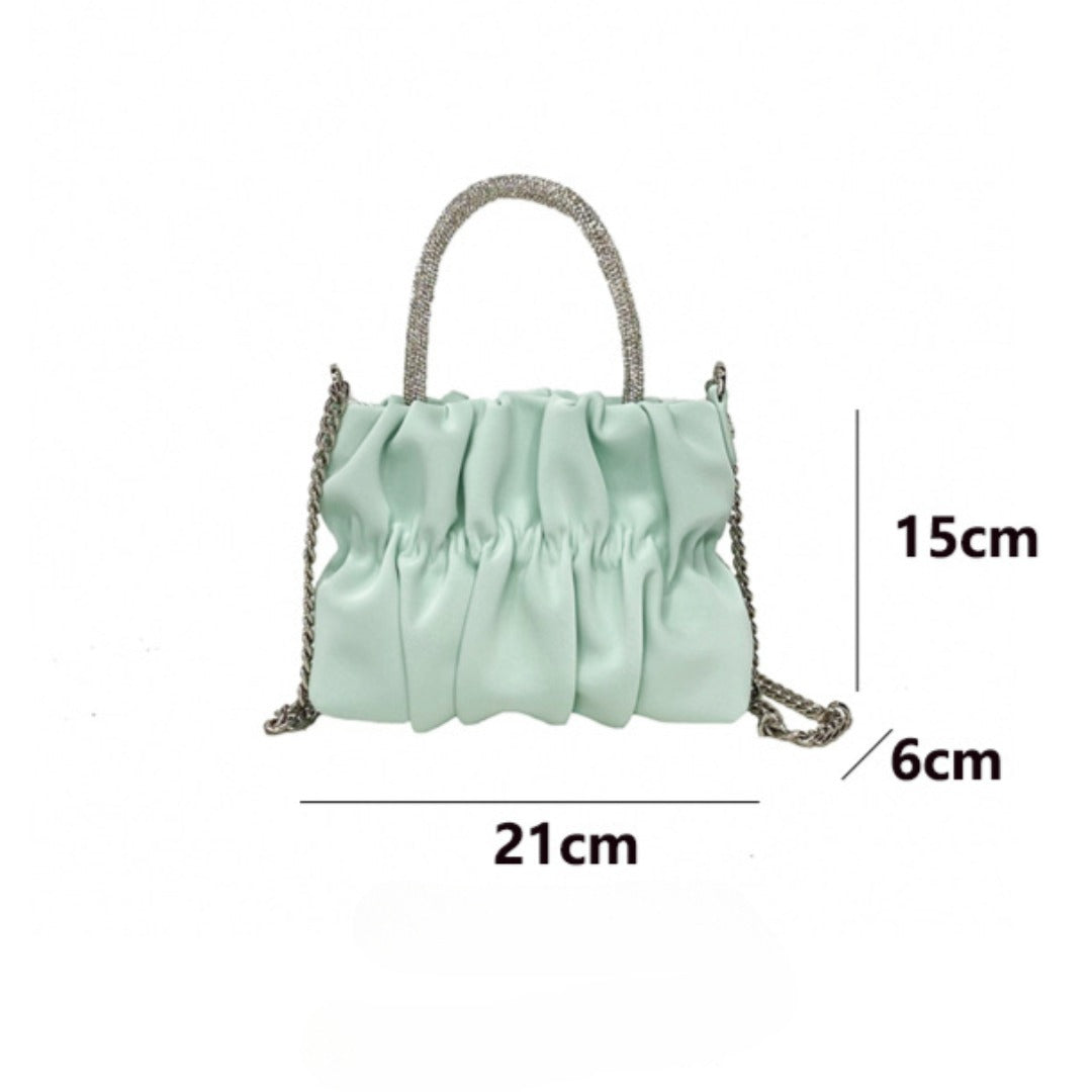 Mini rhinestone hand-held pleated bag, fashion party tote crossbody cloud chain woman