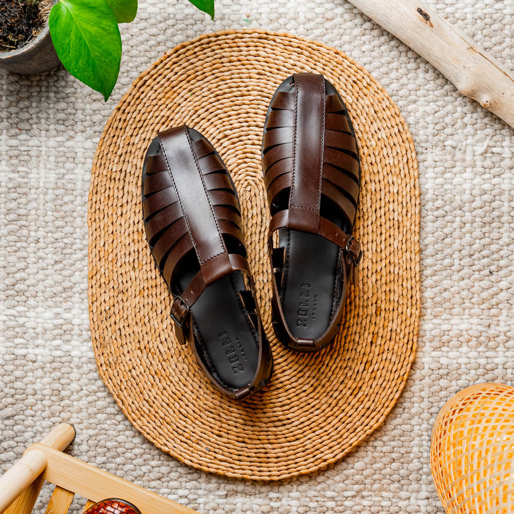 05-110-BRN PESCA Calfskin Strap-On Sandal, Brown